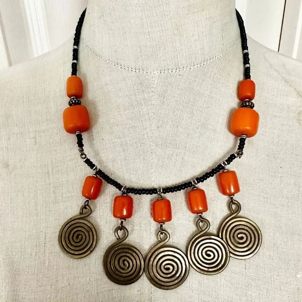 Vintage Boho Tribal Style Necklace Orange Resin Beads Brass Spiral Discs